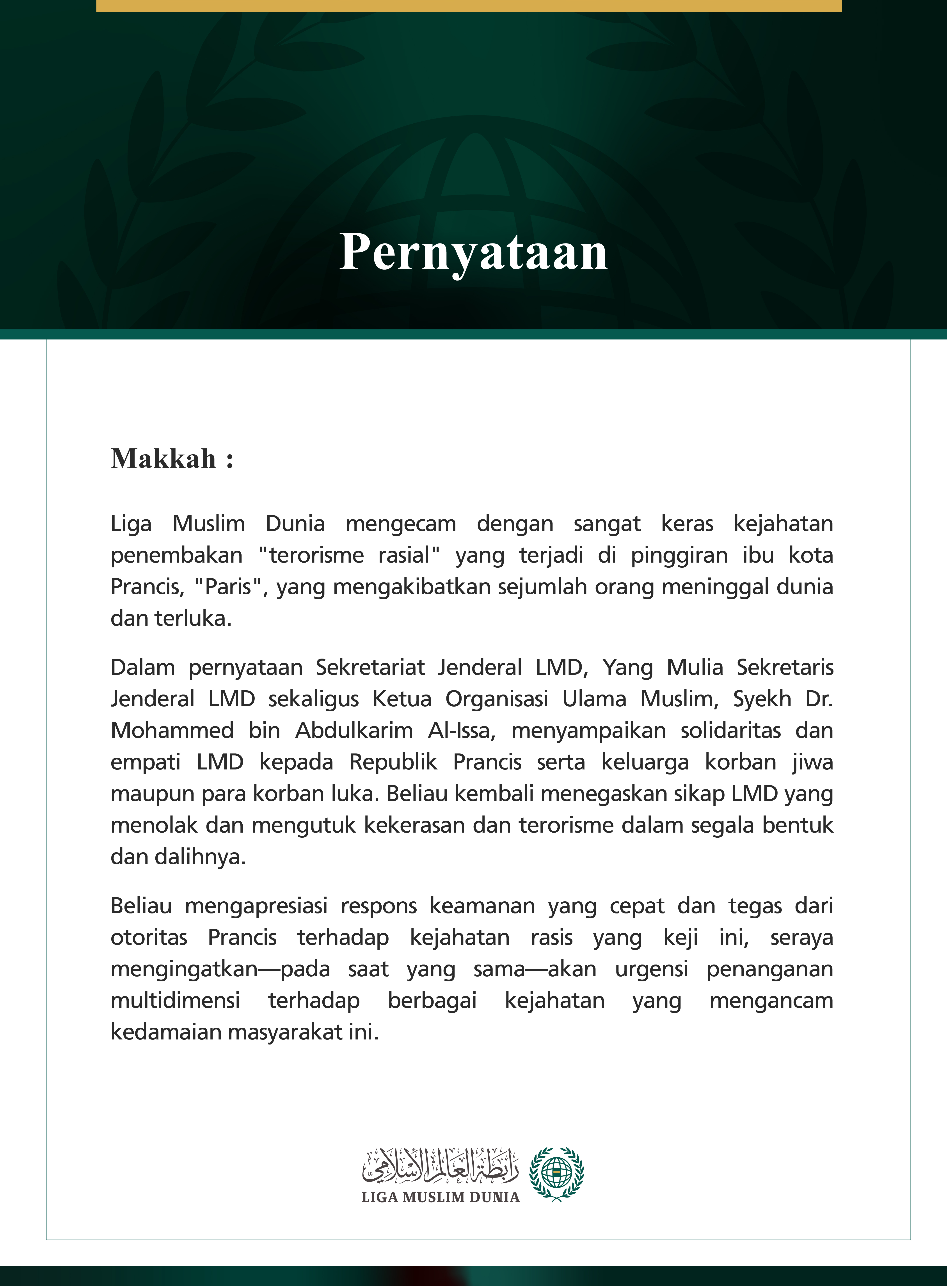 Liga Muslim Dunia Mengutuk Serangan "Terorisme Rasial" di Barat Daya Paris