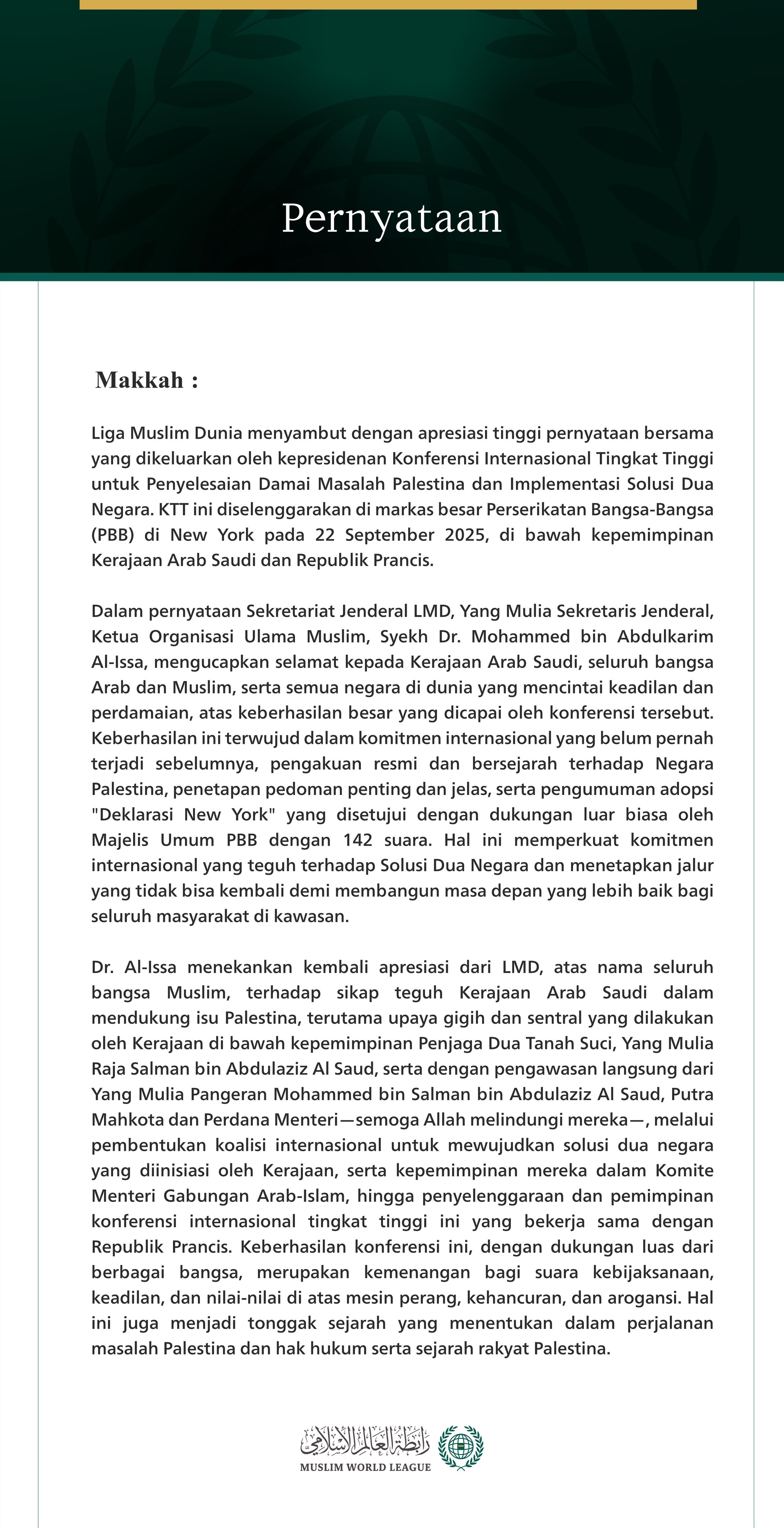 Pernyataan dari Liga Muslim Dunia:
