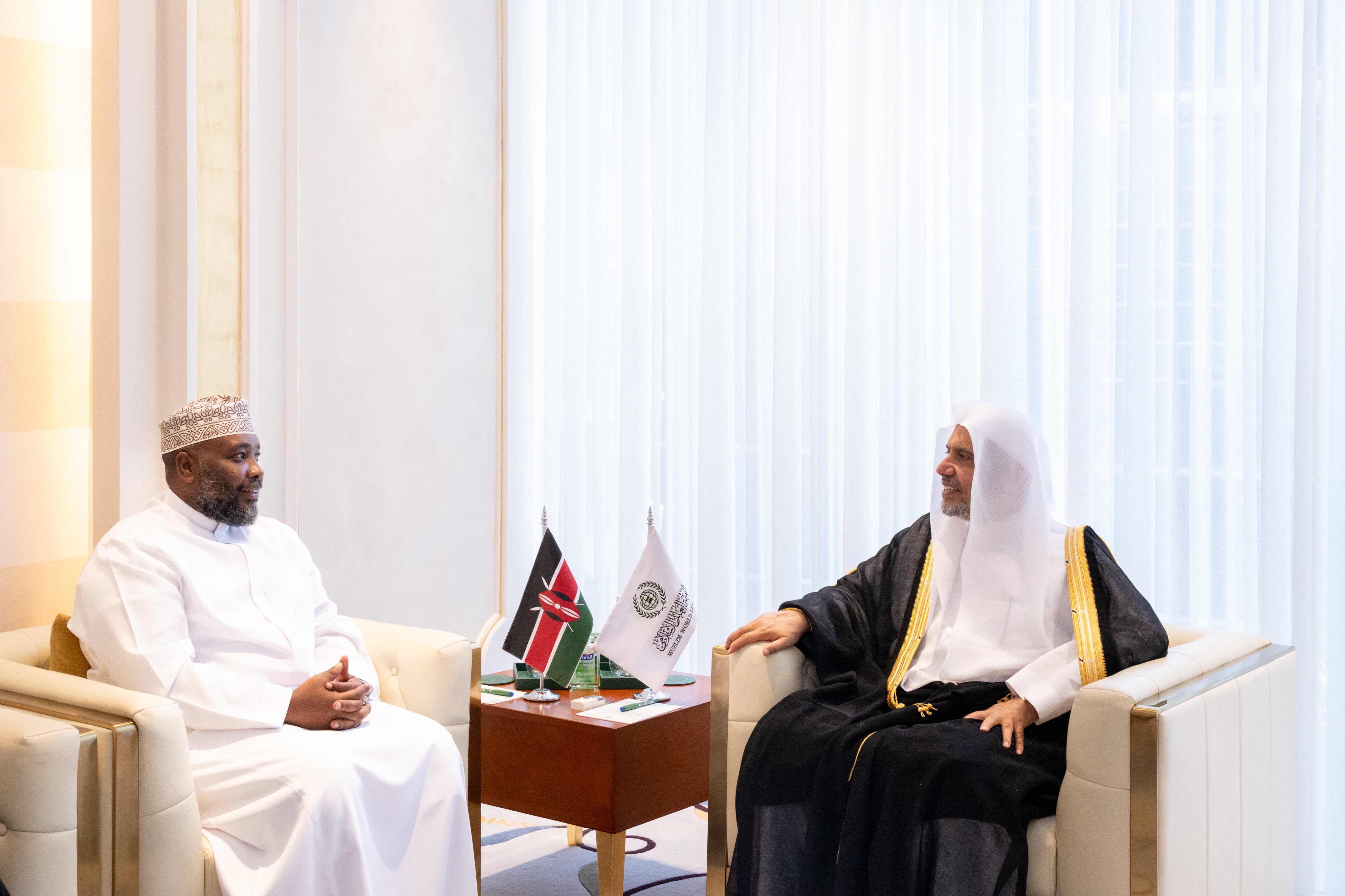 H.E. Sheikh Dr. Mohammed Alissa, Secretary-General of the Muslim World League (MWL) and Chairman of the Organization of Muslim Scholars, met with H.E. Amb. Mohamed Ramadhan Ruwange, the Ambassador of the Republic of Kenya to the Kingdom of Saudi Arabia.