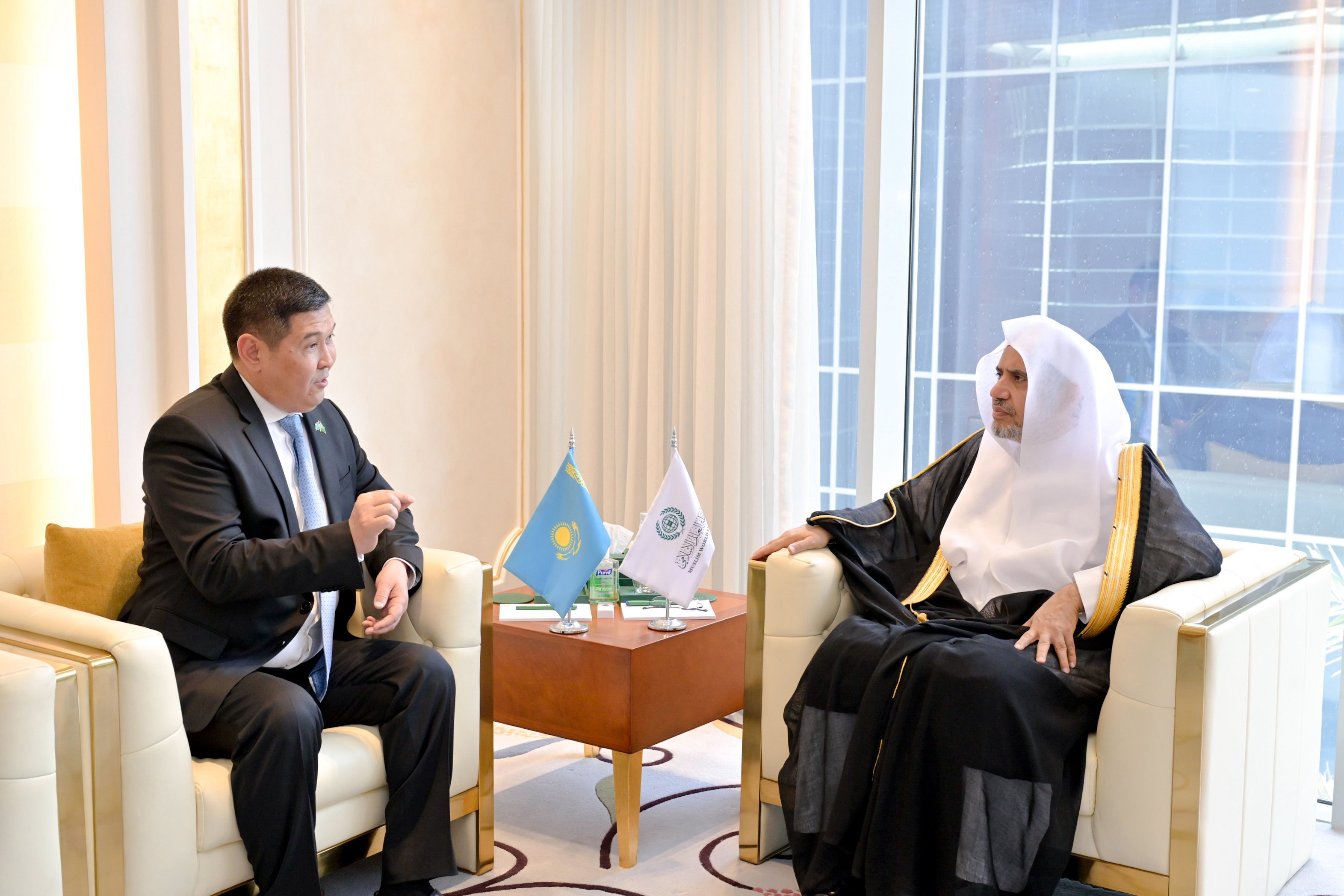 Earlier today, in his Riyadh office, H.E. Sheikh Dr.Mohammed Al-issa , Secretary-General of the MWL and Chairman of the Organization of Muslim Scholars, met with Mr. Madiyar Menilbekov, the Ambassador of the Republic of Kazakhstan to the Kingdom of Saudi Arabia.