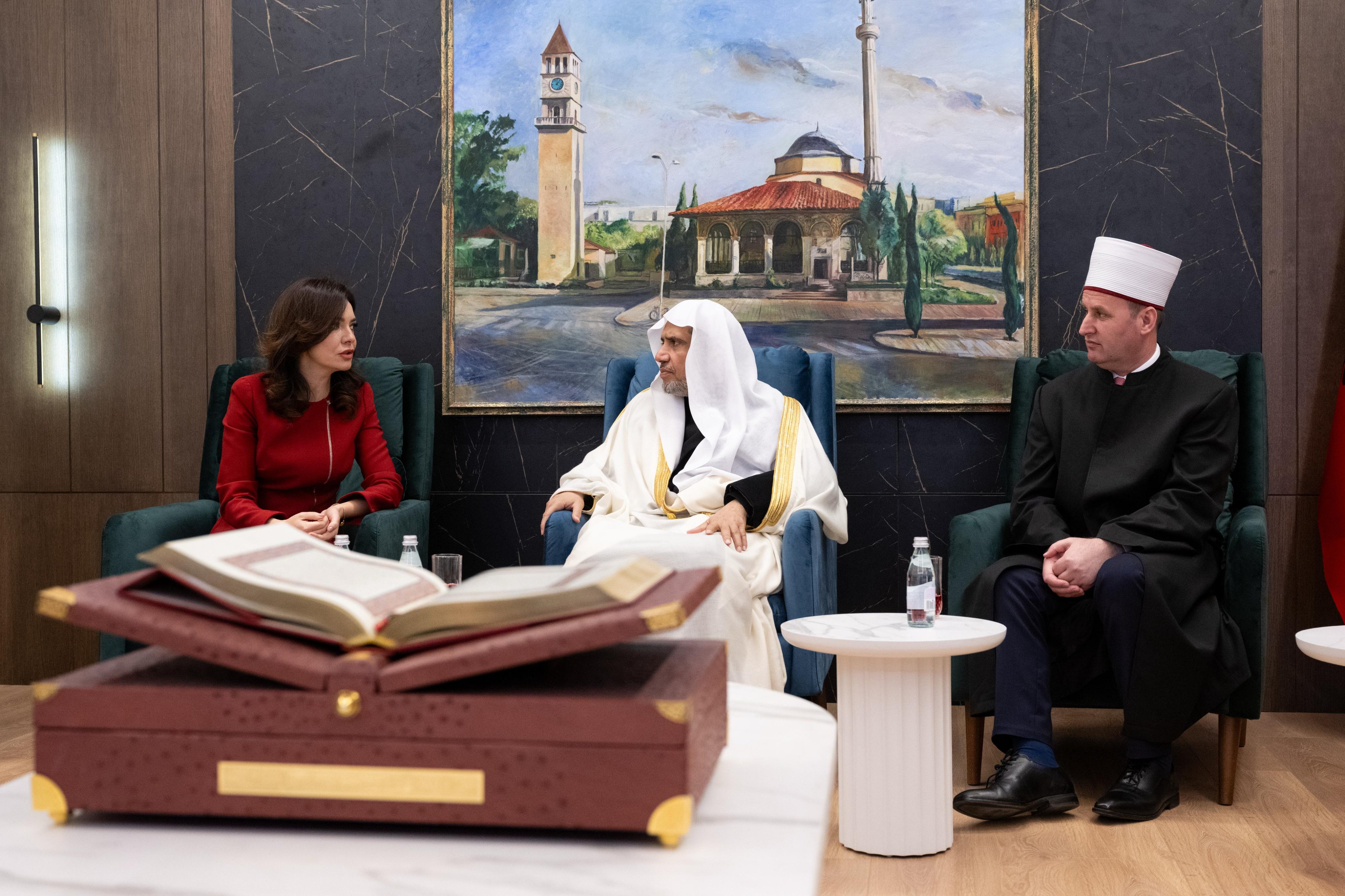 His Excellency Sheikh Dr. Mohammed Al-Issa, Secretary-General of the MWL and Chairman of the Organization of Muslim Scholars, met with Her Eminence, the President of the Albanian Parliament, at the Muslim Community of Albania in Tirana