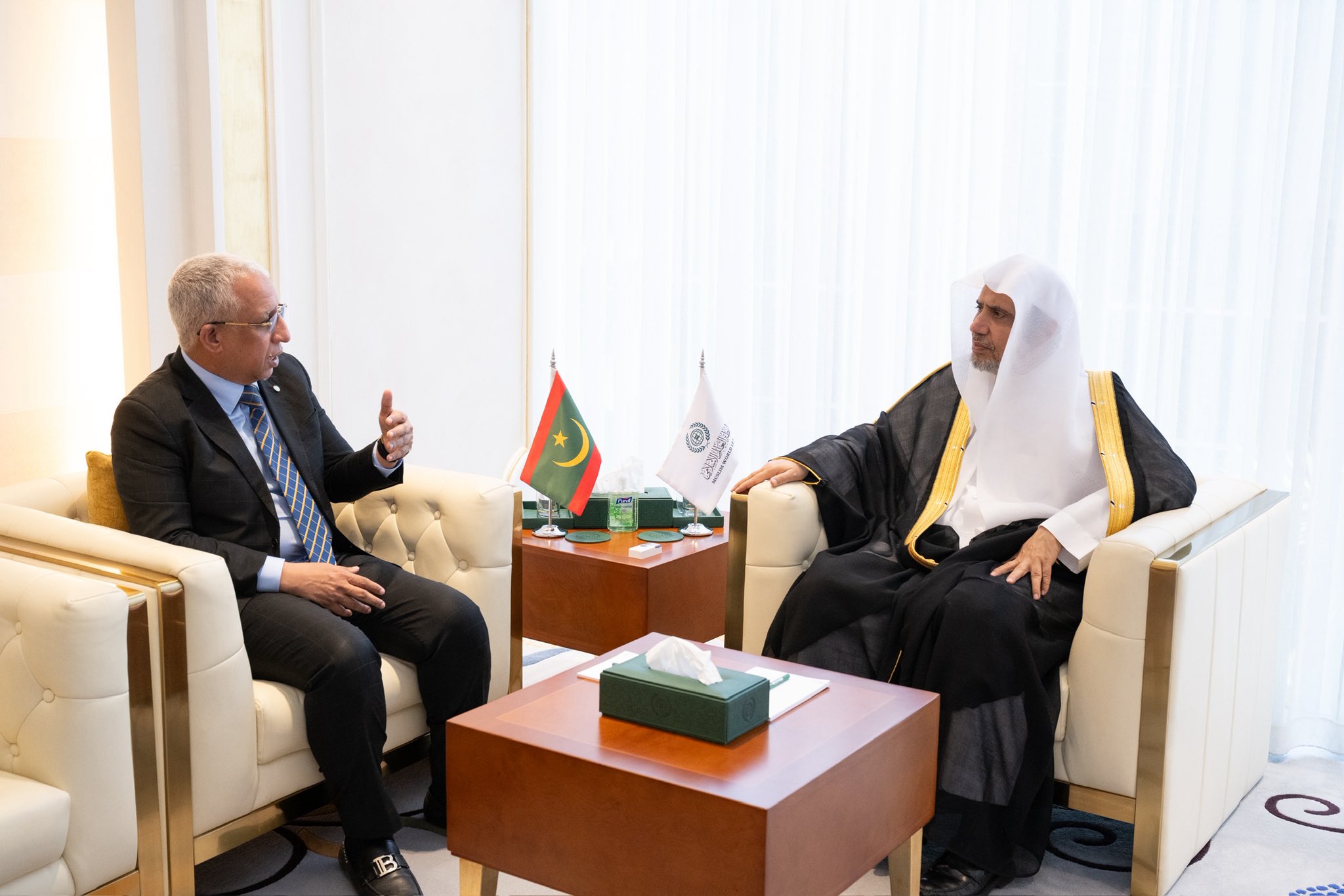 Earlier today, in his Riyadh office, His Excellency Sheikh Dr. Mohammed Alissa, Secretary-General of the MWL and Chairman of the Organization of Muslim Scholars, met with His Excellency Mr. Moktar Ould Dahi, Ambassador of the Islamic Republic of Mauritania to the Kingdom of Saudi Arabia.