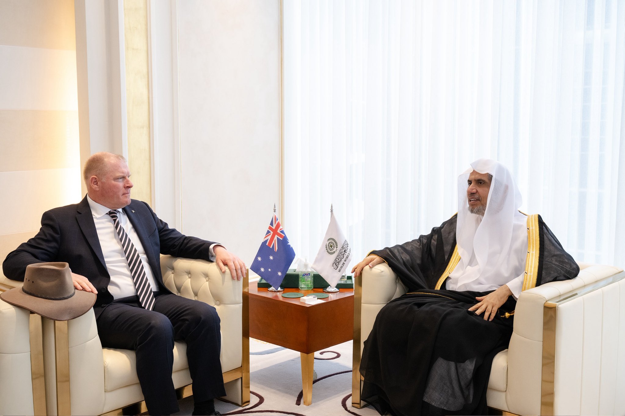 His Excellency Sheikh Dr. Mohammed Al-issa , Secretary-General of the MWL and Chairman of the Organization of Muslim Scholars, met with His Excellency Mr. Mark Donovan, Ambassador of Australia to the Kingdom of Saudi Arabia.