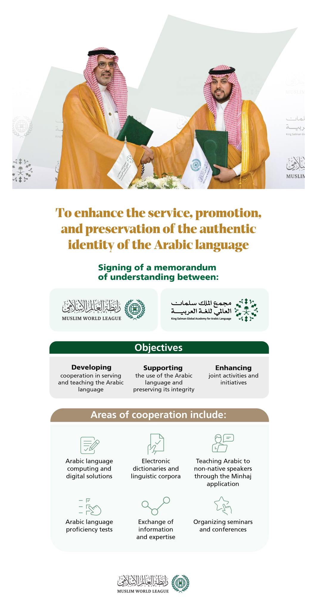 To enhance institutional cooperation and achieve shared goals in serving the Arabic language, the Muslim World League and the King Salman Global Academy for Arabic Language signed a memorandum of understanding. Here are the key highlights: