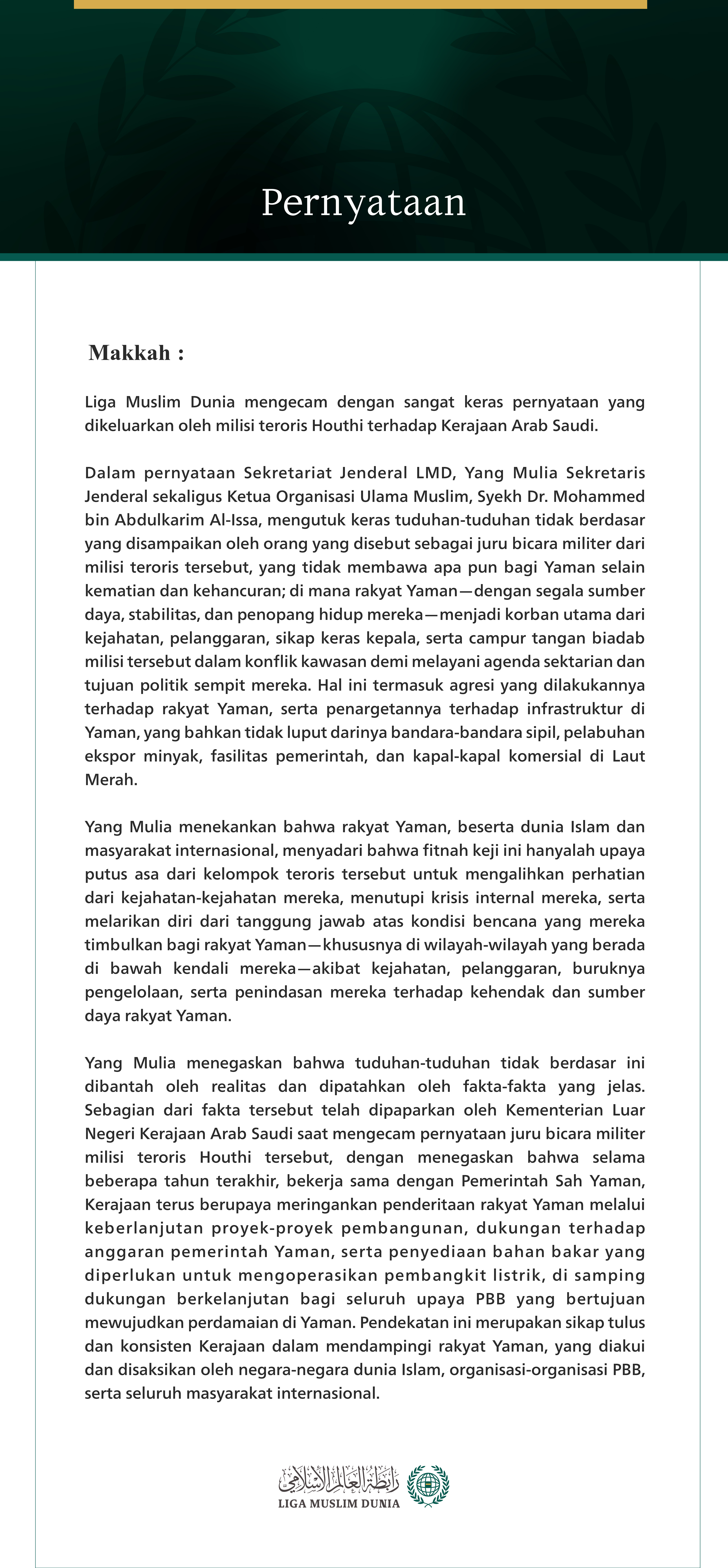 Liga Muslim Dunia Mengecam Pernyataan Milisi Teroris Houthi terhadap Kerajaan Arab Saudi