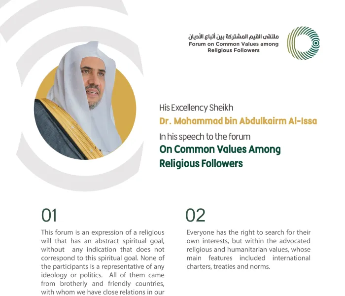 His Excellency Sheikh Dr. Mohammad bin Abdulkarim Al-Issa in the opening speech in the Forum on Common Values Among Religious Followers in Riyadh: FaithsForPeace