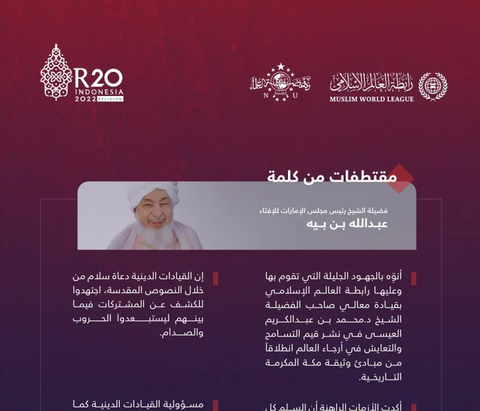 أبرز النقاط التي تطرَّق إليها فضيلة الشيخ عبدالله بن بيّه، رئيس مجلس الإمارات للإفتاء، خلال أعمال القمة الدينية لمجموعة العشرين في بالي: