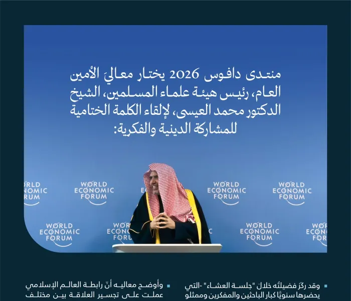 ‏مقتطفاتٌ من الكلمة الختامية للمشاركة الدينية والفكرية، التي ألقاها معالي الأمين العام، رئيس هيئة علماء المسلمين، الشيخ د.⁧‫محمد العيسى‬⁩‬⁩ ‏في منتدى دافوس 2026
