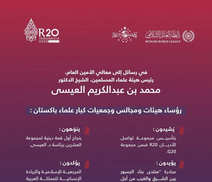 كبار علماء باكستان يشيدون بمخرجات قمة R20 في سياق G20، لاسيما مبادرة: "منتدى بناء الجسور"، مؤكدين أن المملكة العربية السعودية اضطلعت بواجبها الإسلامي الكبير، وأنها مرجعية الأمة وركنها الذي تأوي إليه: فضيلة الشيخ حافظ مقصود أحمد، منوهاً بذلك مع المشاعر التالية: 