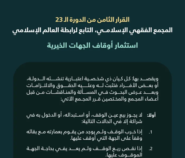 ‏"استثمار أوقاف الجهات الخيرية"  ‏القرار الثامن من الدورة الـ٢٣ للمجمع الفقهي الإسلامي التابع لرابطة العالم الإسلامي: