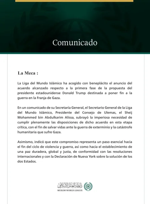 La Liga del Mundo Islámico acoge con beneplácito el acuerdo sobre la primera fase del cese de la guerra en Gaza