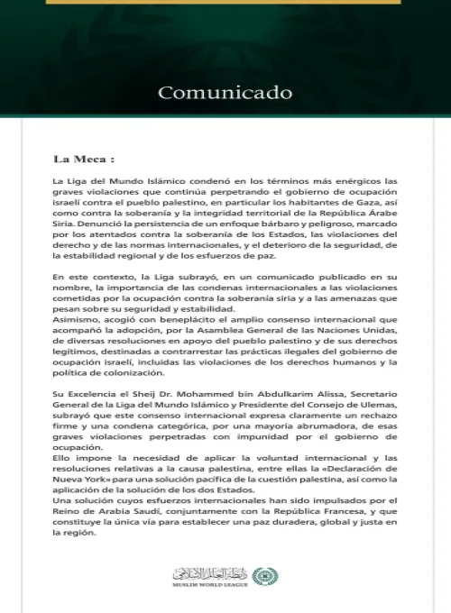 La Liga del Mundo Islámico condena las violaciones israelíes que ponen en peligro la estabilidad y la paz, y llama a la aplicación de las resoluciones internacionales, así como de la «Declaración de Nueva York» relativa a la solución de los dos Estados.