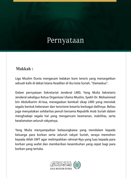 Liga Muslim Dunia Mengecam Pengeboman Teroris di Ibu Kota Suriah, Damaskus