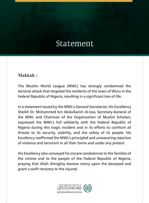 The Muslim World League Condemns the Terrorist Attack on the Town of Wuru in the Federal Republic of Nigeria