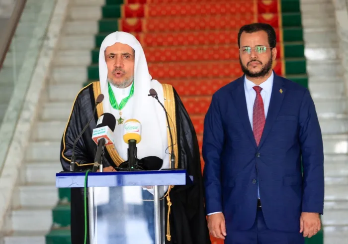 His Excellency the President of the Islamic Republic of Mauritania, Mohamed Ould Cheikh Ghazouani, awards His Excellency Sheikh Dr. Mohammed Al-Issa the medal of Commander of the National Order of Merit