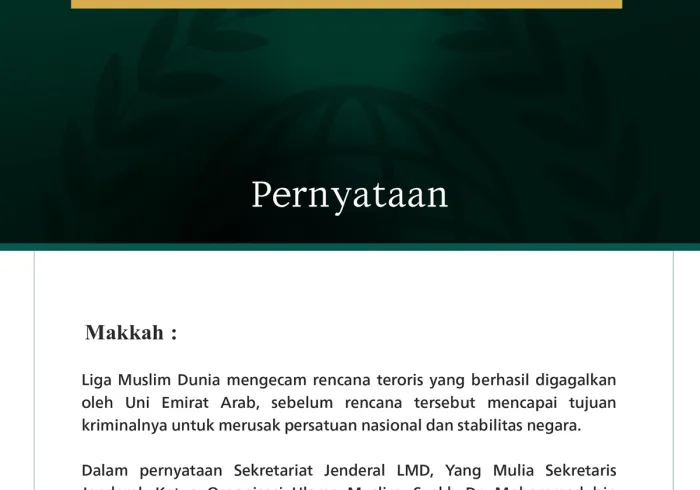 Liga Muslim Dunia Kecam Rencana Teroris yang Menargetkan Uni Emirat Arab