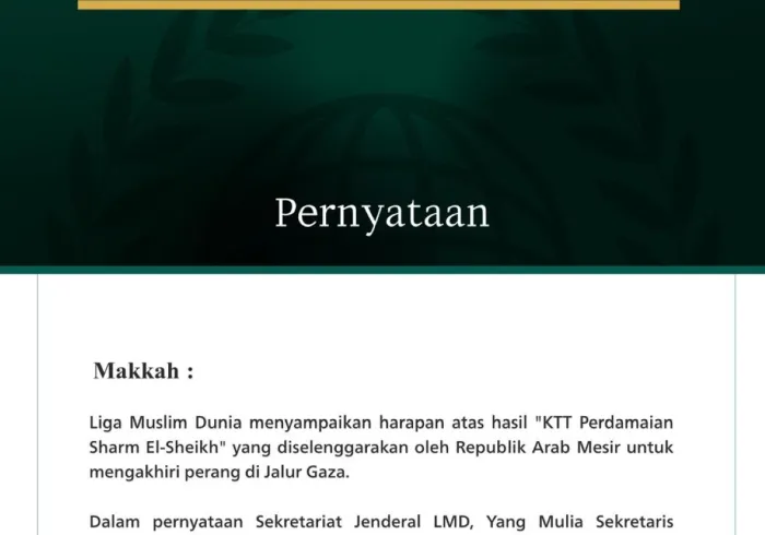 Liga Muslim Dunia menyampaikan harapan atas hasil "KTT Perdamaian Sharm El-Sheikh" yang diselenggarakan oleh Republik Arab Mesir untuk mengakhiri perang di Jalur Gaza.