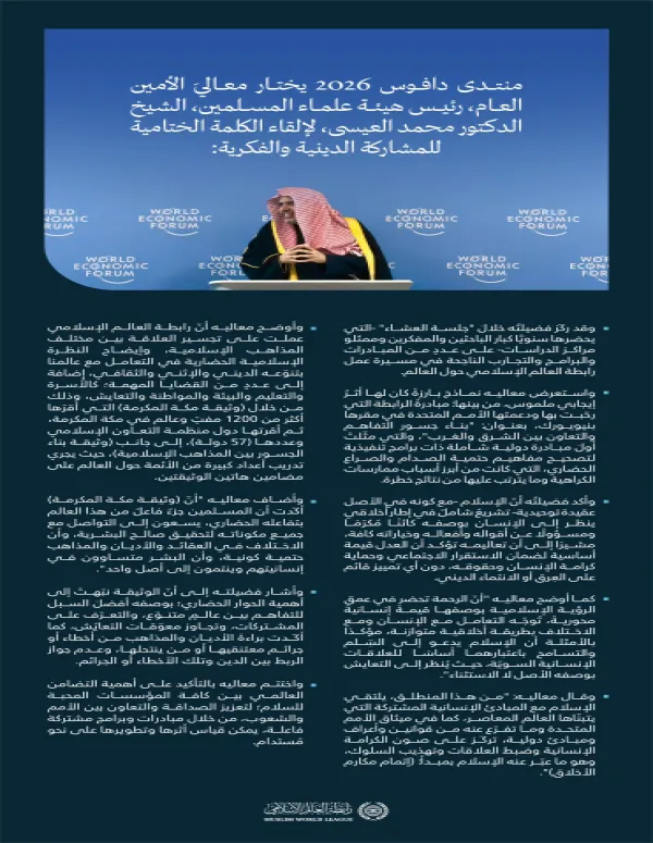 ‏مقتطفاتٌ من الكلمة الختامية للمشاركة الدينية والفكرية، التي ألقاها معالي الأمين العام، رئيس هيئة علماء المسلمين، الشيخ د.⁧‫محمد العيسى‬⁩‬⁩ ‏في منتدى دافوس 2026