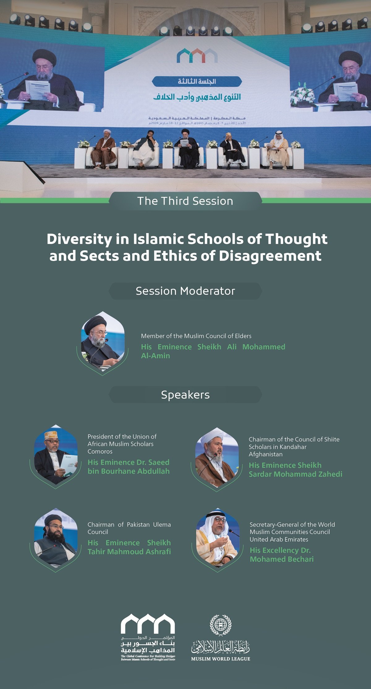 Inaugurated by His Excellency Sheikh Dr. Mohammed Alissa, the speakers at the opening session of the Global Conference for Building Bridges between Islamic Schools of Thought and Sects: