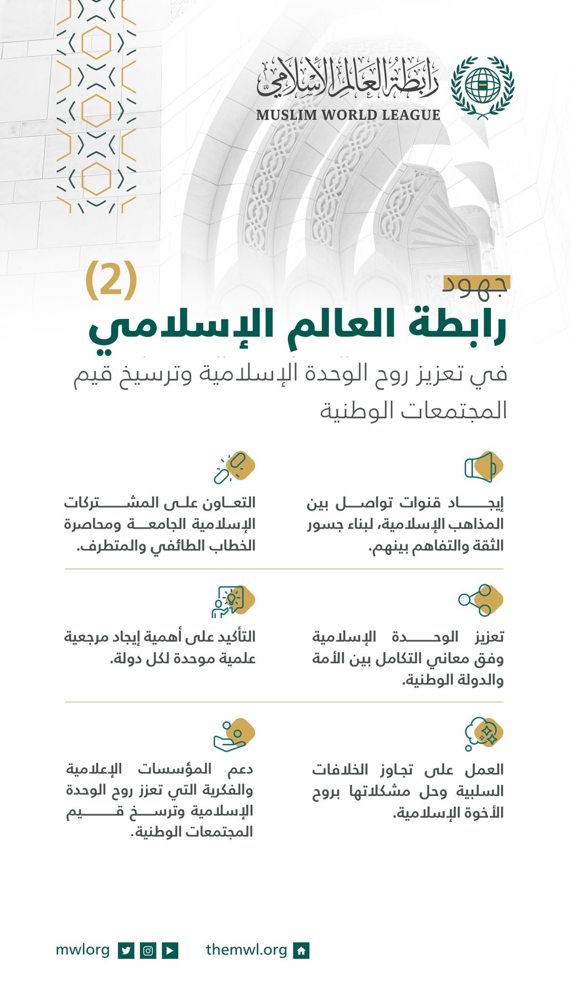 ‏جهود رابطة العالم الإسلامي‬⁩ في تعزيز الوحدة الإسلامية وترسيخ قيم المجتمعات الوطنية