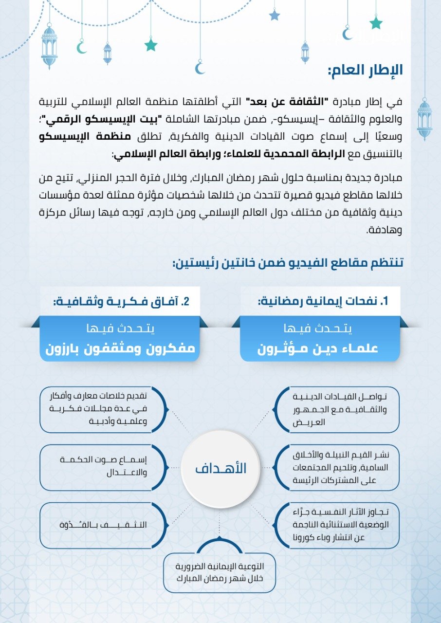 تفعيلاً لمبادرة ⁧‫الثقافة عن بعد‬⁩ تطلق منظمة الإيسيسكو رسائل تثقيفية مركزة وهادفة، خلال شهر رمضان المبارك.