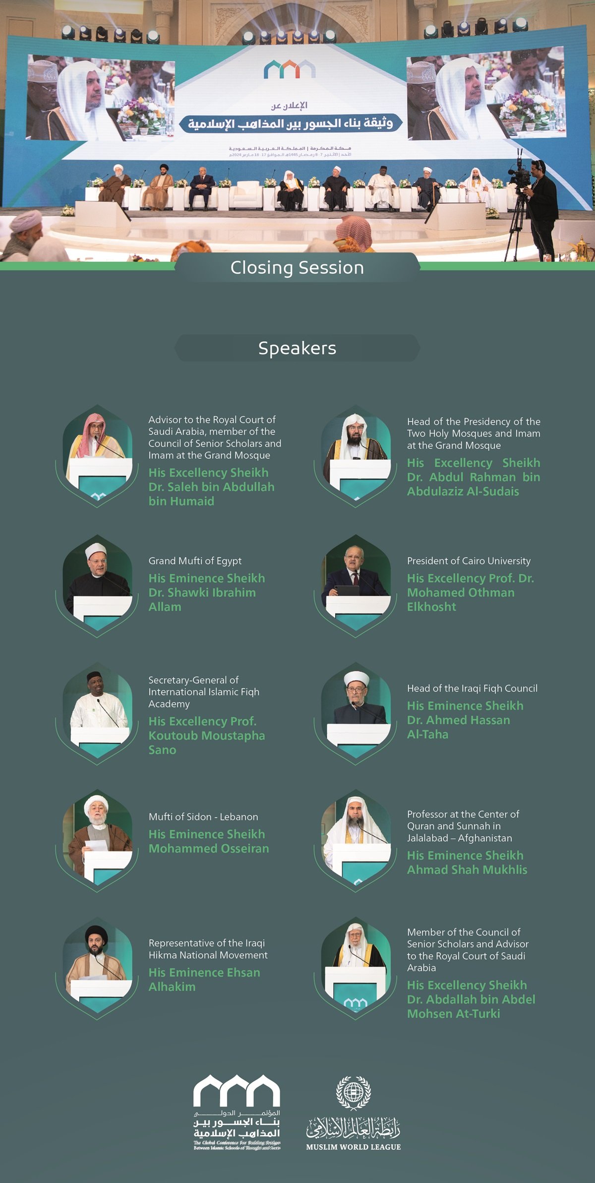 Inaugurated by His Excellency Sheikh Dr. Mohammed Alissa, the speakers at the opening session of the Global Conference for Building Bridges between Islamic Schools of Thought and Sects: