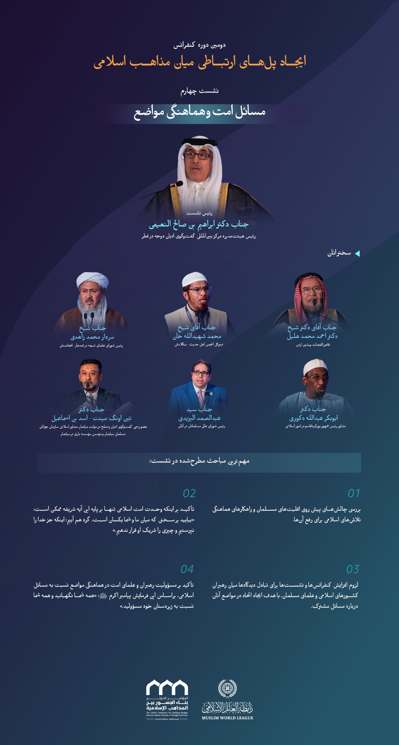“مسؤولیت علمای دین”  با مهم‌ترین مباحث مطرح‌شده در نشست چهارم تحت عنوان “مسائل امت و هماهنگی مواضع” در دومین دوره کنفرانس ایجاد پل‌های ارتباطی میان مذاهب اسلامی آشنا شوید: