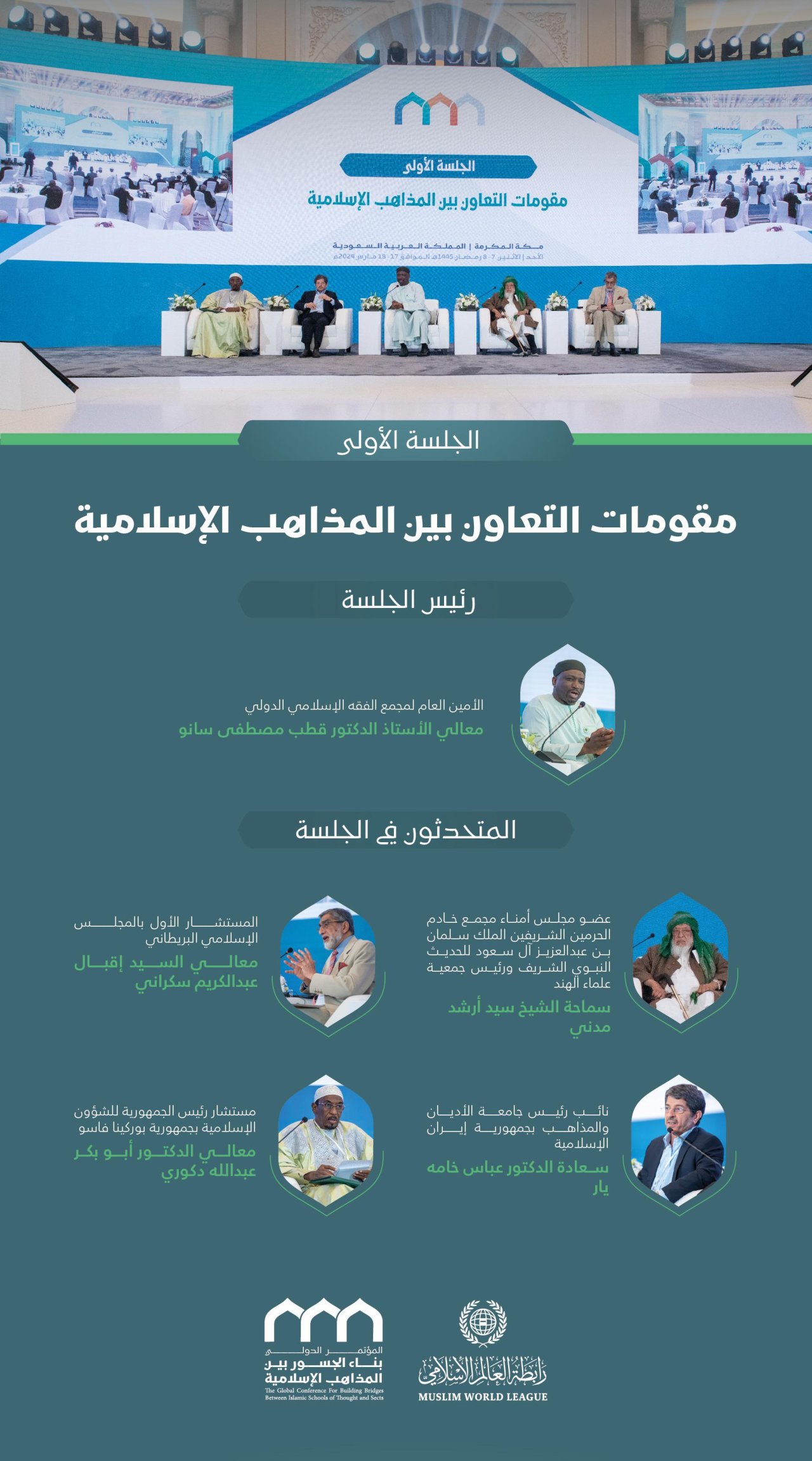 برئاسة معالي الأمين العام، رئيس هيئة علماء المسلمين، فضيلة الشيخ د.⁧‫محمد العيسى‬⁩؛ المتحدثون في الجلسة الافتتاحيَّة لمؤتمر: &quot;بناء الجسور بين المذاهب الإسلامية&quot;: