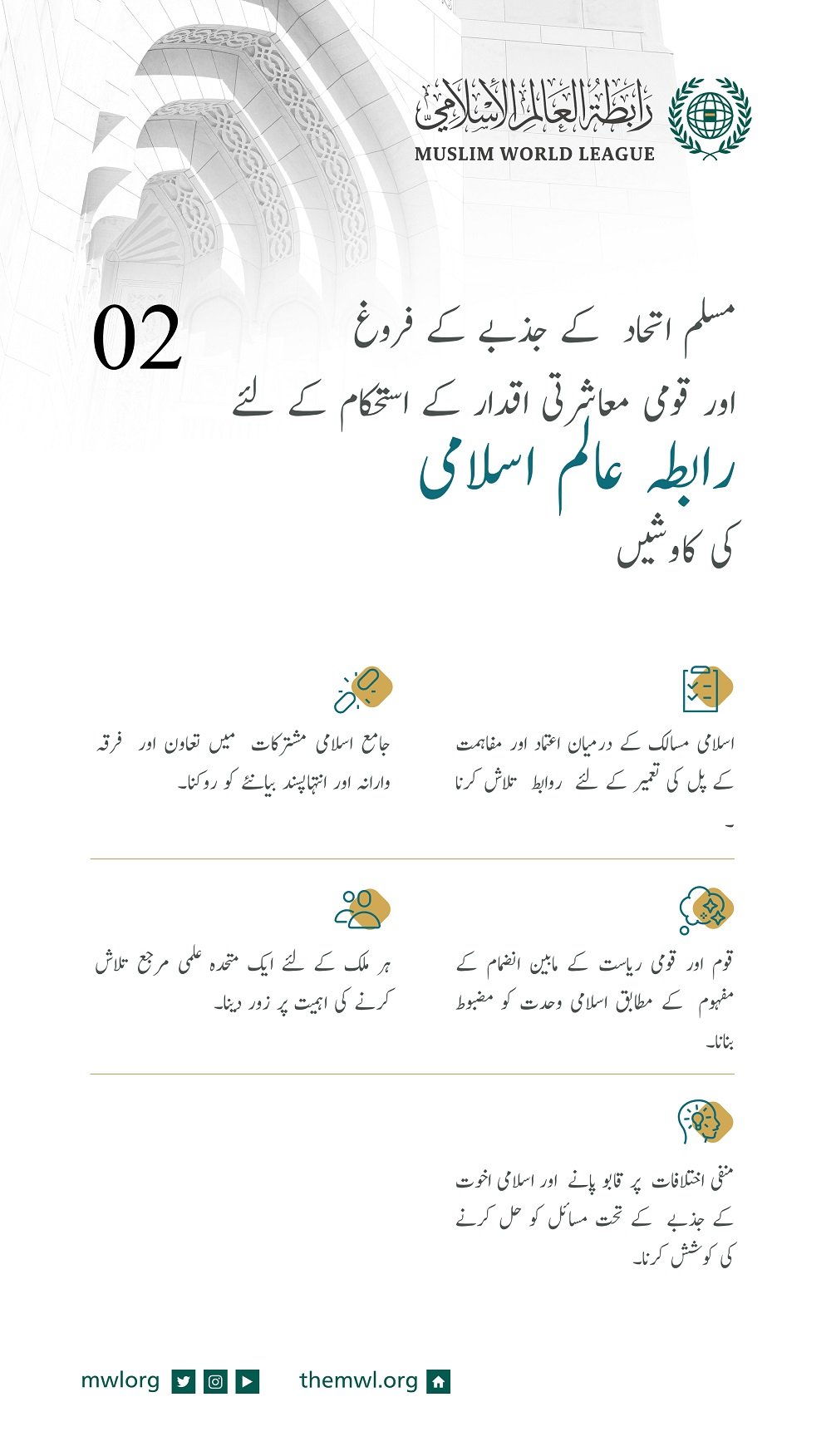 اسلامی اتحاد کے فروغ اورقومی معاشرتی اقدار کے استحکام کے لئے رابطہ عالم اسلامی کی کاوشیں: