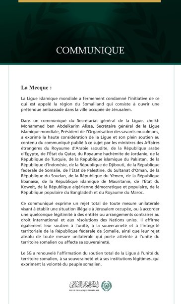 La Ligue islamique mondiale condamne l’initiative de ce qui est appelé la région du « Somaliland » qui vise à ouvrir une prétendue ambassade dans la ville occupée de Jérusalem.
