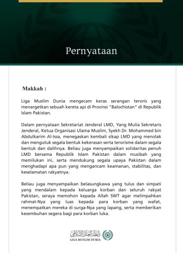 Liga Muslim Dunia Kecam Serangan Teroris terhadap Kereta Api di Provinsi "Balochistan" di Republik Islam Pakistan