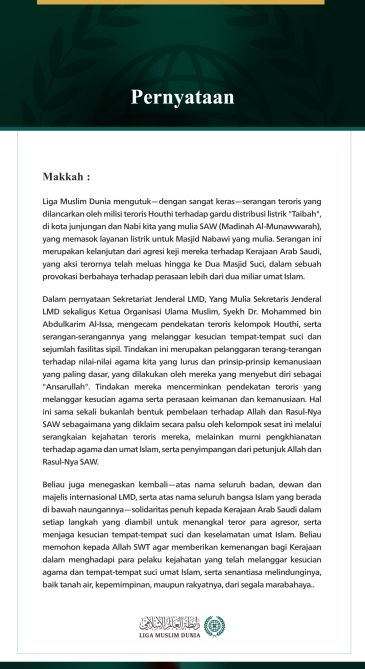 Liga Muslim Dunia Mengutuk Agresi Milisi Teroris Houthi terhadap Madinah Al-Munawwarah