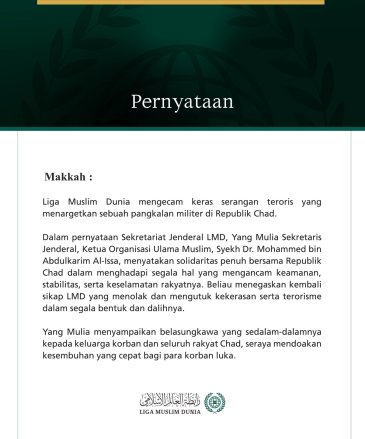 Liga Muslim Dunia Kecam Serangan Teroris Terhadap Pangkalan Militer di Chad