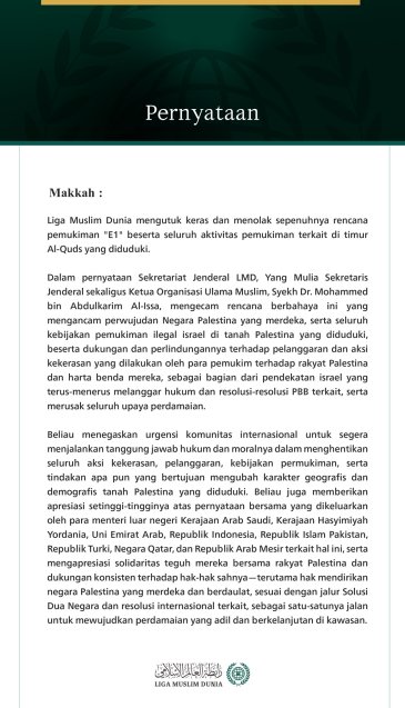 Liga Muslim Dunia Mengecam Rencana Pemukiman "E1" dan Aktivitas Pemukiman Terkait di Timur Al-Quds yang Diduduki