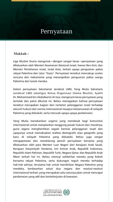 Liga Muslim Dunia Mengutuk Pernyataan israel Terkait Pengusiran Paksa Rakyat Palestina