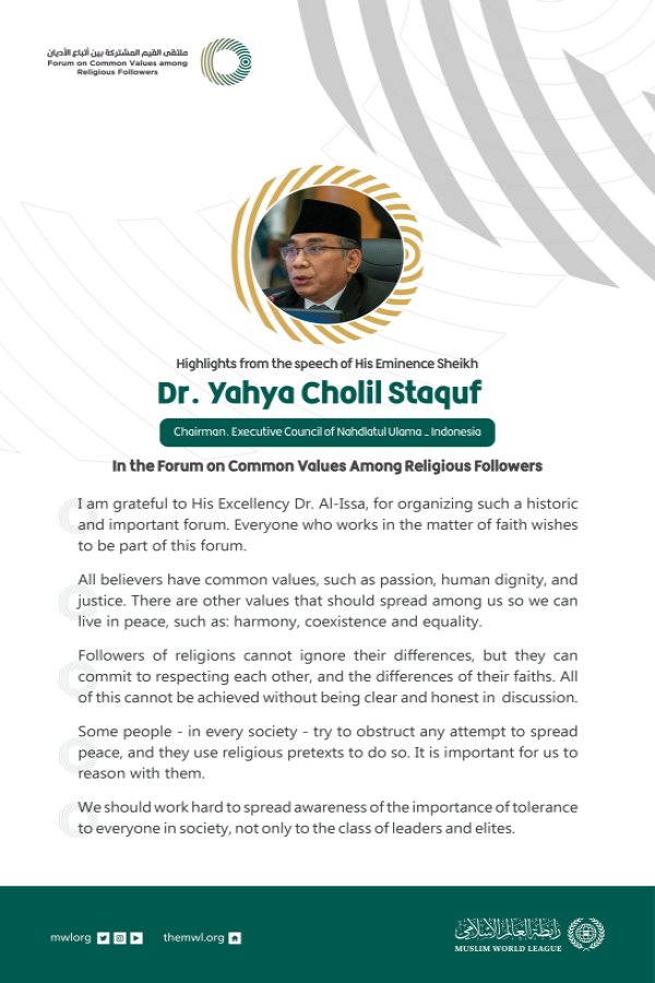 Highlights from the speech of the Chairman of the Executive Council of Nahdlatul Ulama - Indonesia, His Eminence Sheikh Dr. Yahya Cholil Staquf, in the Forum on Common Values Among Religious Followers in Riyadh: Faiths For Peace