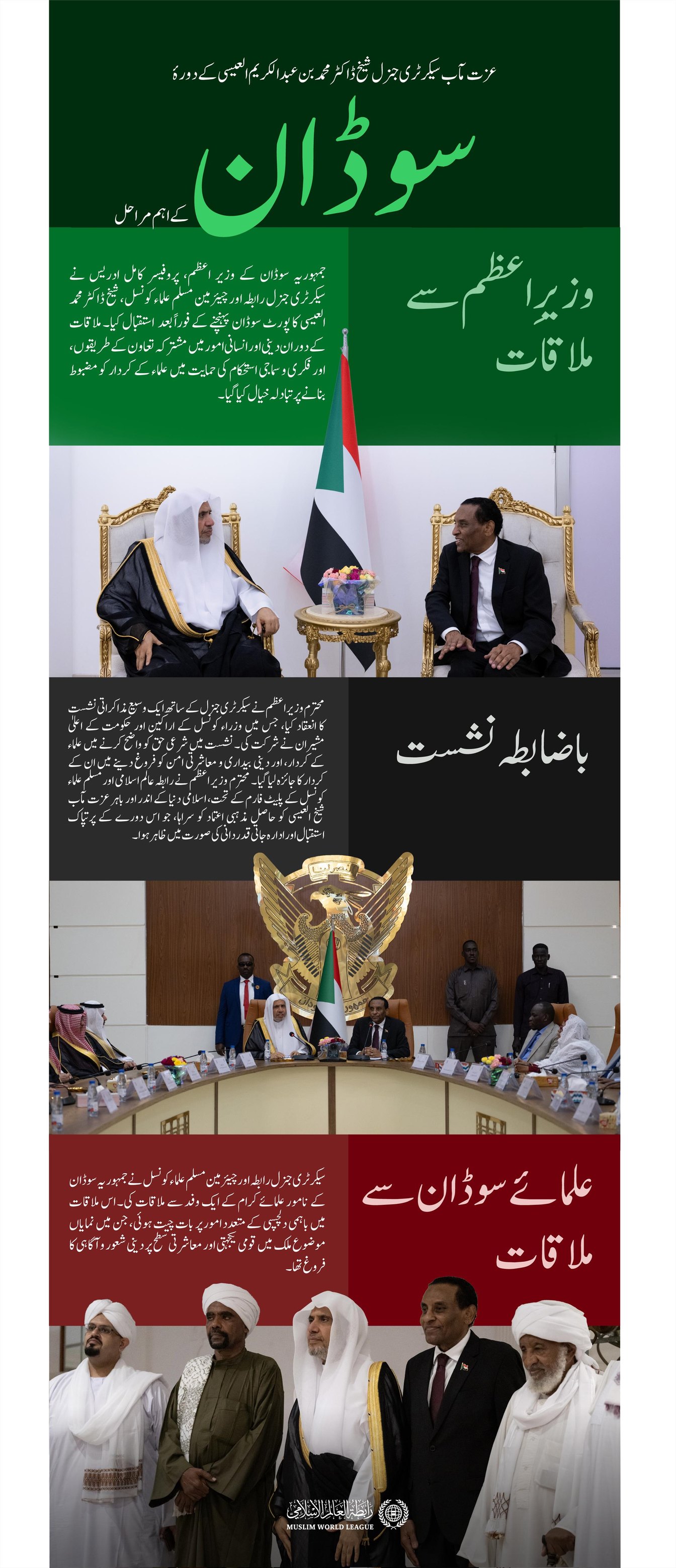 یہاں سیکرٹری جنرل رابطہ  اور چیئرمین مسلم علماء کونسل، عزت مآب شیخ ڈاکٹر محمد العیسی کے دورۂ جمہوریہ سوڈان کے اہم ترین مراحل پیش کیے جا رہے ہیں: