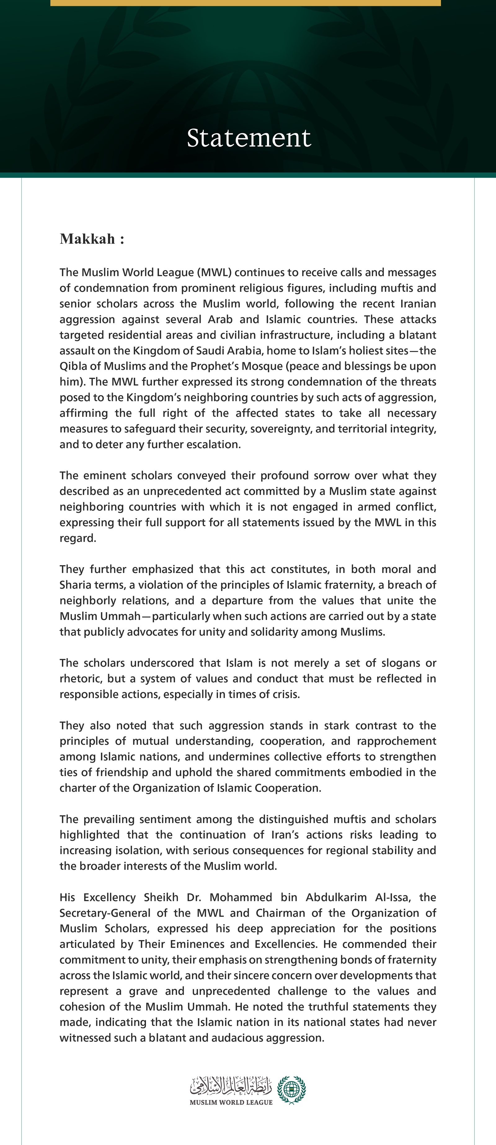 The Muslim World League Receives Numerous Calls and Messages of Condemnation Regarding Iranian Aggression Against Several Gulf, Arab, and Islamic Countries